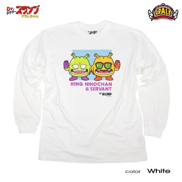 ドクタースランプ アラレちゃん ロンT 長袖Tシャツ キャラクター グッズ アニメ ホワイト 白 ニコチャン大王 スッパマン がっちゃん 可愛い OTAKU プレゼント