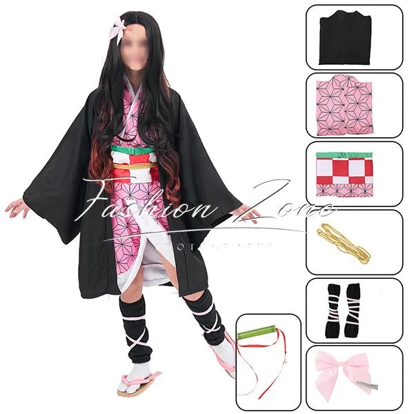 子供/大人 サイズ 鬼滅の刃 風 竈門禰豆子 コスプレ衣装 ウィッグ 靴 道具 cosplay ハロウィン 演出服 変装