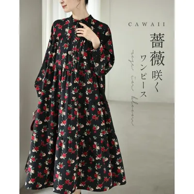 黒 薔薇咲くワンピース 紐ベルト付き