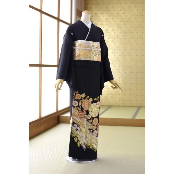 留袖とモーニング同時注文で10%OFF 留袖 レンタル 結婚式 唐花糸菊 身長 150cm〜158cm位 高級 正絹 着物レンタル 母親 黒留袖レンタル 留め袖