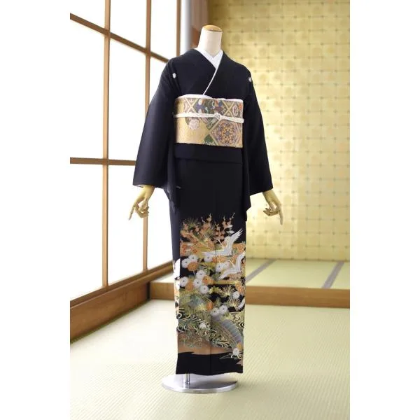 留袖とモーニング同時注文で10%OFF レンタル 留袖 京松葉群づる《身長》145cm〜157cm位 正絹 着物レンタル 結婚式 母親 親族 列席 黒留袖レンタル 留め袖 貸衣装