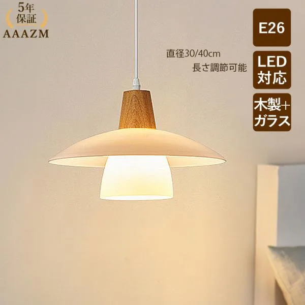 AAAZM ペンダントライト 北欧 ガラス 木製 LED電球 木目調 おしゃれ 傘型和風 天井照明器具 キッチン ダイニング リビング 寝室部屋 ダクトレール 吊下げランプ