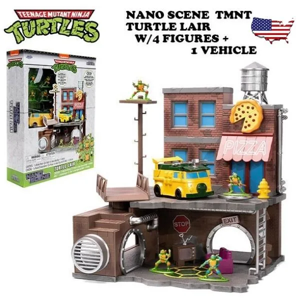 タートルズ ミニカー フィギュア付 ジオラマ JADATOYS NANO SCENE TMNT TURTLE LAIR W/4 FIGURES + VEHICLE ニンジャ タートルズ 車 おもちゃ グッズ