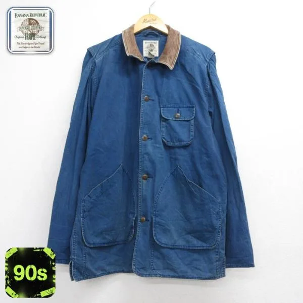 XL/古着 Banana Republic 長袖 カバーオール メンズ 90年代 90s ハンティングジャケット ロング丈 襟レザー コットン ネイビー spe 26sep09