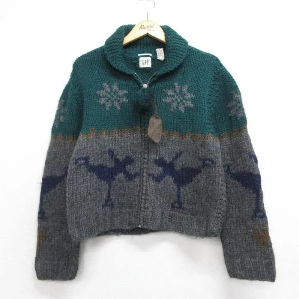 古着 ギャップ GAP 長袖 ニット レディース 00年代 00s カーディガン ハンド カウチン ウール 総柄 グリーン 26sep29