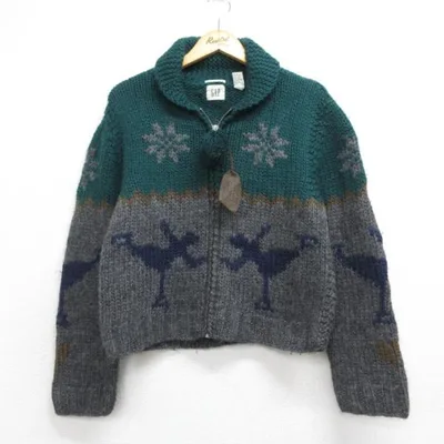 古着 ギャップ GAP 長袖 ニット レディース 00年代 00s カーディガン ハンド カウチン ウール 総柄 グリーン 26sep29