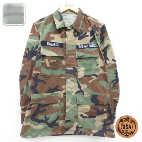M/古着 Civil Air Patrol 長袖 ミリタリー ジャケット メンズ リップストップ ウッドランド柄 BDU USA製 カーキ 迷彩 26aug31