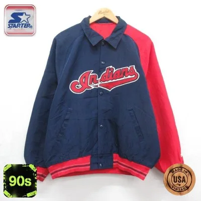 L/古着 スターター STARTER 長袖 ナイロン ジャケット メンズ 90年代 90s MLB インディアンス クリーブランド スナップボタン USA製 ネイビ