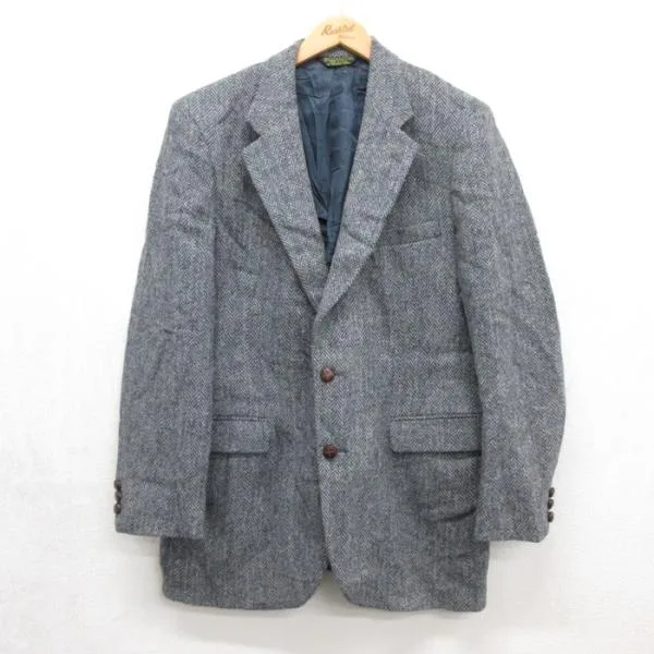 M/古着 Harris Tweed 長袖 テーラード ジャケット メンズ 80年代 80s ロング丈 ハリスツイード ヘリンボーン ウール USA製 グレー 霜降り 2
