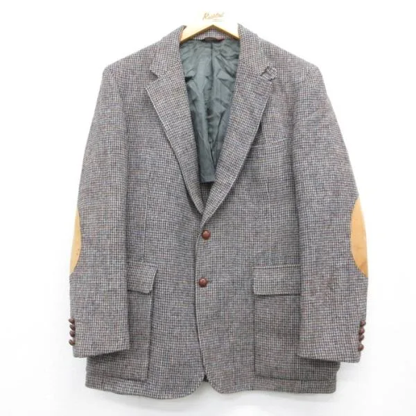 L/古着 Eddie Bauer エディーバウアー 長袖 テーラード ジャケット メンズ 80年代 80s ヒジ当て ハリスツイード スエード ウール USA製 ブ