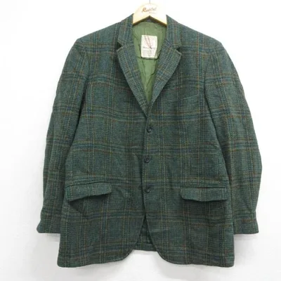 L/古着 長袖 ビンテージ テーラード ジャケット メンズ 60年代 60s ハリスツイード フラップポケット ウール USA製 グリーン チェック spe