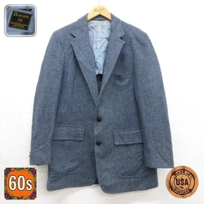M/古着 Harris Tweed 長袖 テーラード ジャケット メンズ 60年代 60s ロング ハリスツイード フラップポケット ウール USA製 ブルー 霜降り