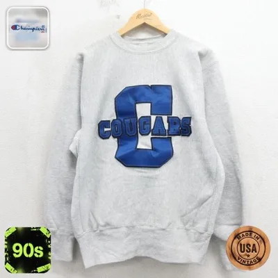 L/古着 長袖 チャンピオン Champion リバースウィーブ メンズ 90年代 90s クーガーズ クルーネック USA製 グレー 霜降り spe 26may19