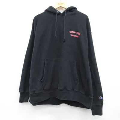 XL/古着 Champion 長袖 チャンピオンリバースウィーブ メンズ Queen City 刺繍ロゴ 大きいサイズ ブラック 26sep28
