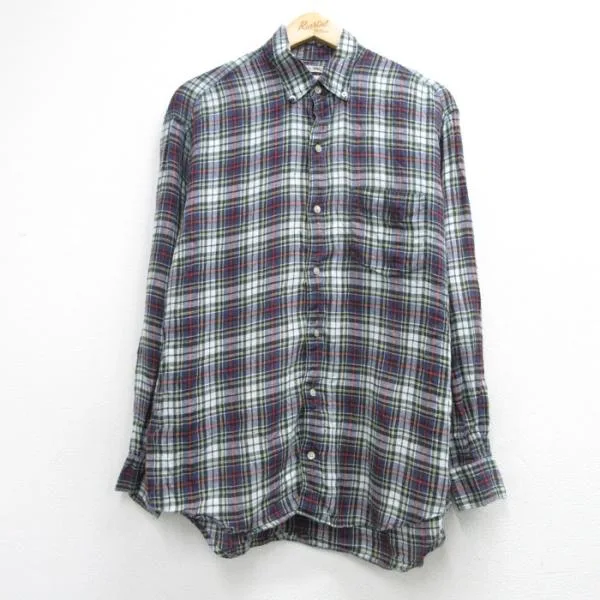 L/古着 BANANA REPUBLIC 長袖 ブランド シャツ メンズ 90年代 90s アイリッシュ リネン タータンチェック ボタンダウン ネイビー spe 26oct