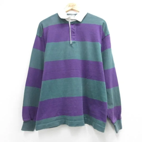 L/古着 L.L.Bean エルエルビーン 長袖 ブランド ラガー シャツ メンズ 90年代 90s コットン USA製 パープル ボーダー spe 26oct06