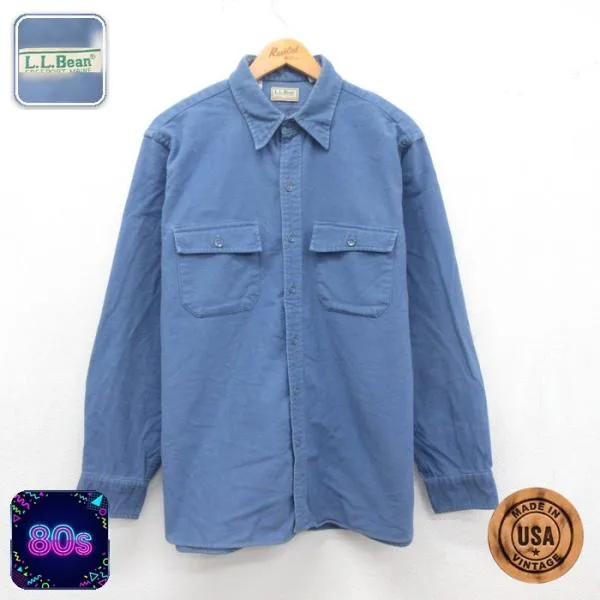 XL/古着 L.L.Bean エルエルビーン 長袖 シャツ メンズ 80年代 80s フランネル シャモアクロス フラップポケット コットン ライトブルー USA