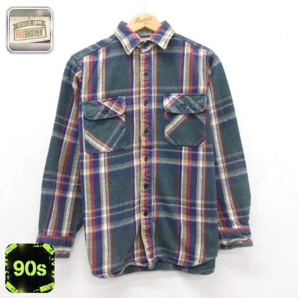 L/古着 FIVEBROTHER グリーンチェ 長袖 シャツ メンズ 90年代 90s ヘビー フランネル フラップポケット コットン チェック 26sep08