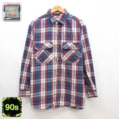 L/古着 長袖 シャツ メンズ 90年代 90s ヘビー フランネル フラップポケット コットン ネイビー チェック 26sep15