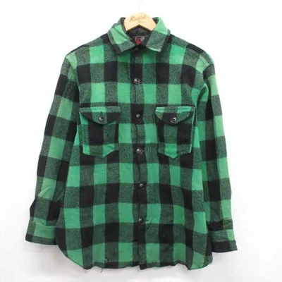 L/古着 Johnson 長袖 ビンテージ シャツ メンズ 60年代 60s バッファローチェック フラップポケット ウール グリーン 26sep30