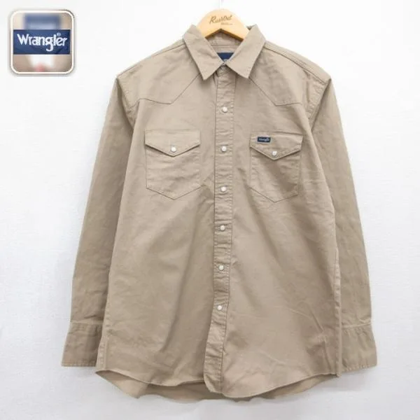L/古着 ラングラー Wrangler 長袖 シャツ メンズ コットン ベージュ 26sep10