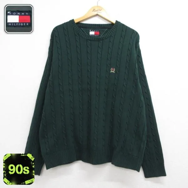XL/古着 トミーヒルフィガー TOMMY HILFIGER 長袖 セーター メンズ 90年代 90s ケーブル ニット 大きいサイズ コットン クルーネック グリ