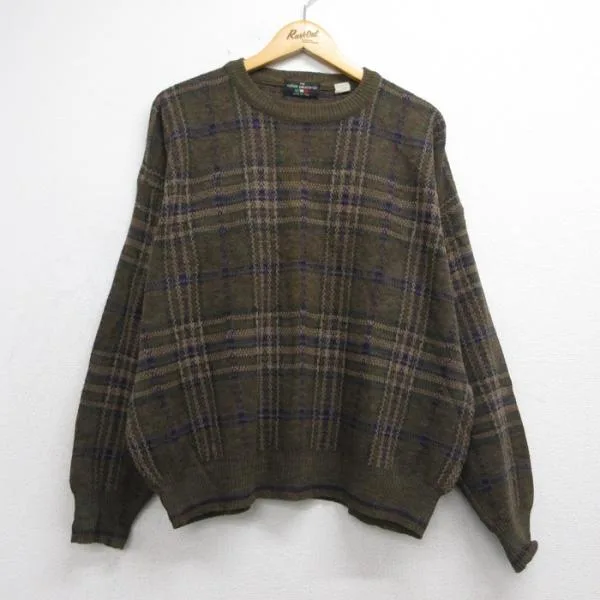 XL/古着 長袖 セーター メンズ 90年代 90s クルーネック イタリア製 カーキ チェック 26sep28