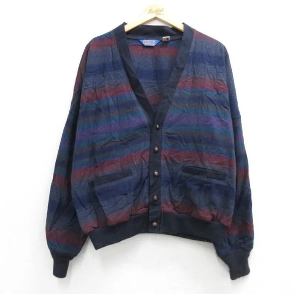 XL/古着 ペンドルトン PENDLETON 長袖 カーディガン メンズ 80年代 80s ウール Vネック USA製 ネイビー ボーダー spe 26oct07