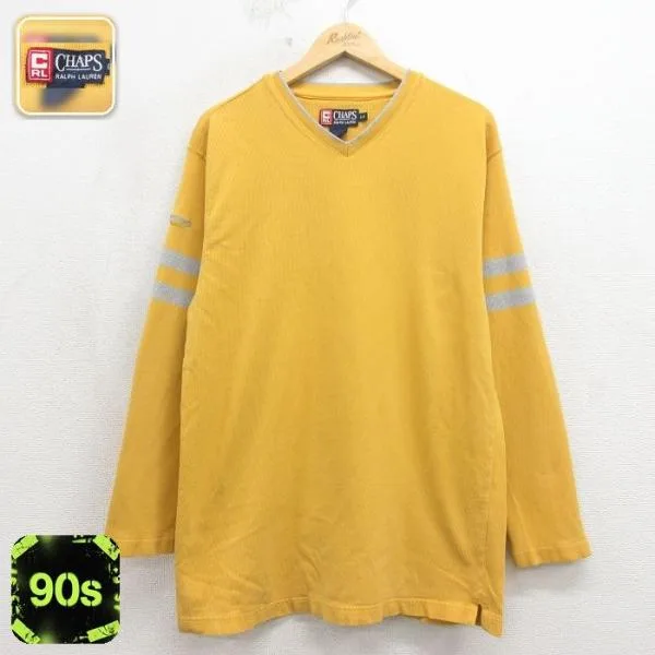 M/古着 ラルフローレン 長袖 ビンテージ ブランド Tシャツ メンズ 90年代 90s ワンポイントロゴ コットン Vネック イエロー 26may19