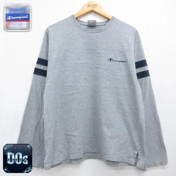 L/古着 チャンピオン Champion 長袖 ビンテージ Tシャツ メンズ 00年代 00s 刺繍ロゴ コットン クルーネック グレー 霜降り 26sep02