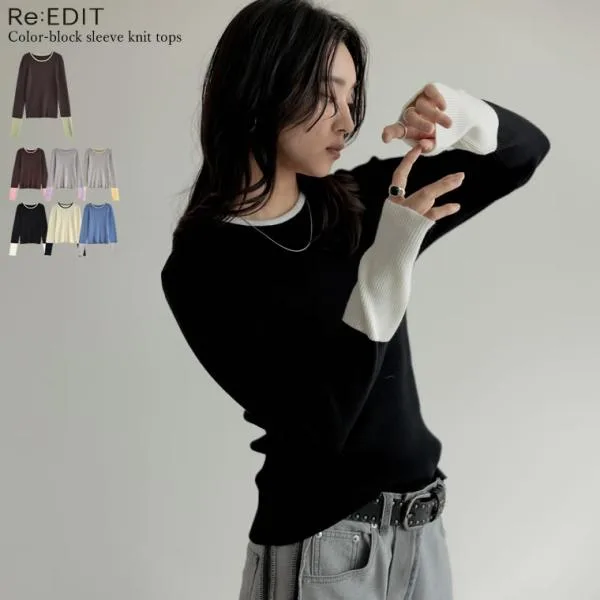 ニット トップス 長袖 レディース 6色 M/L セーター クルーネック 丸首 配色 コンパクト オフィスカジュアル 秋冬