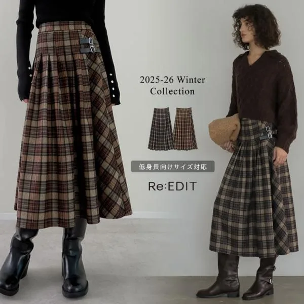 スカート ロング レディース 2色 低身長 プリーツ チェック柄 サイドベルト 配色 起毛 2025-26秋冬先行受注会