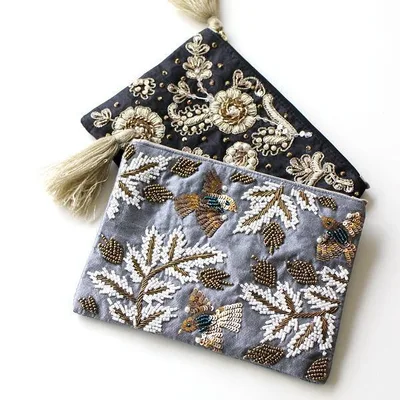 ポーチ 小物入れ おしゃれ マチなし かわいい ミニ ビーズ刺繍 デザイン 化粧ポーチ アクセサリー ザリ&刺繍ポーチ 2カラー