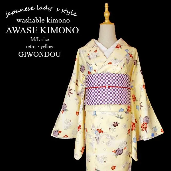 洗える着物 袷着物 単品 レディース きもの ちりめん 薄黄色地×菖蒲・桜・梅・牡丹 レトロ かわいい 普段着・お出かけ・デート・映え M/L 新作|40代 50代 60代