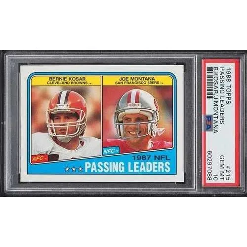 1988 Topps FBカード #215 バーニー・コサー&ジョー・モンタナ パッシングLDRS PSA 10 ジェムミント