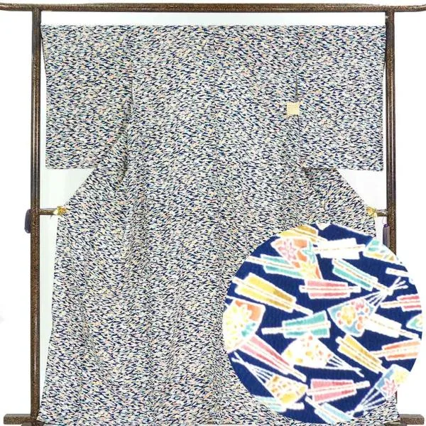 小紋 身丈165cm 裄69cm レディース 単衣 末広 裄長 裄L-LLサイズ 初夏・初秋用 正絹(シルク)濃紺色 中古 リサイクル トールサイズ 美品