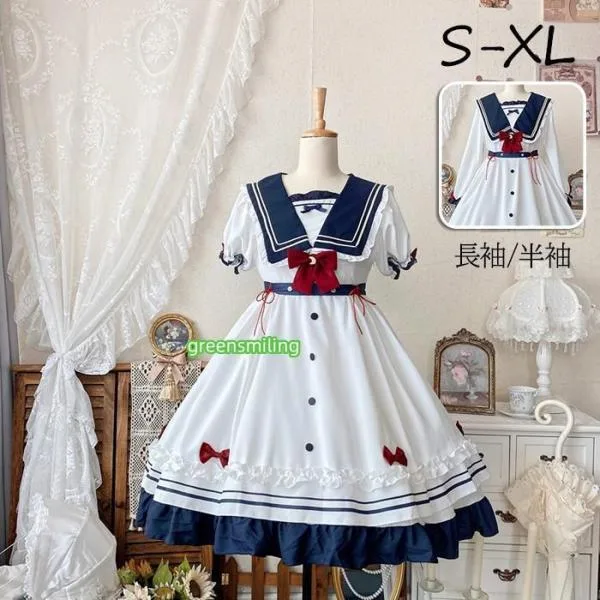 ワンピース レディース ロリータワンピース ロリィタ ゴスロリ Aライン 半袖 リボン プリーツ マリン 水平 セーラー服 セーラーネイビー S M L 2L