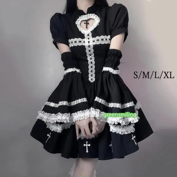 ロリータ メイド服 ワンピース Lolita 袖あり 通販 文化祭 学園祭 コスプレ衣装 ゴスロリ ゴシック コスチューム アニメ オールシーズン ブラック S M L XL C