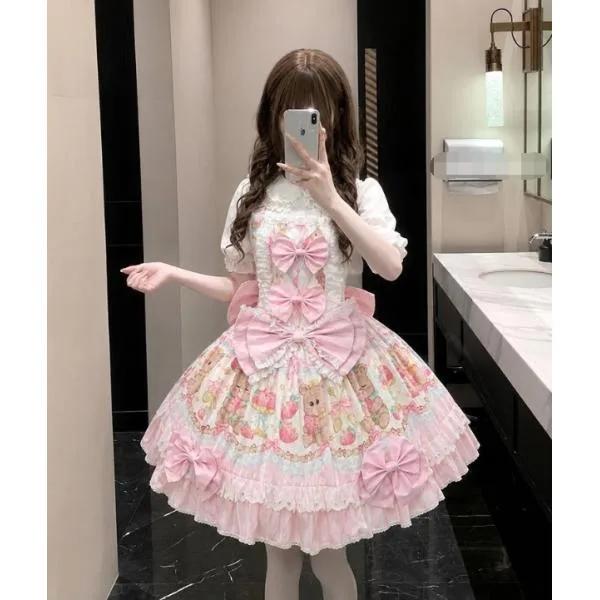 ロリータ ワンピース ゴスロリ ロリータ服 膝丈 ミドル丈 ジャンパースカート 可愛い JSK 裾フリル レース 蝶リボン 萌え萌え Lolitaドレス コスチューム レディ