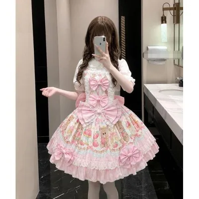ロリータ ワンピース ゴスロリ ロリータ服 膝丈 ミドル丈 ジャンパースカート 可愛い JSK 裾フリル レース 蝶リボン 萌え萌え Lolitaドレス コスチューム レディ