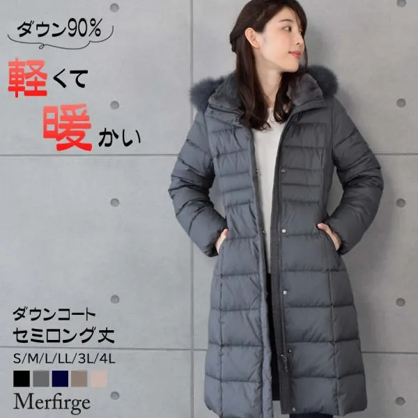 ダウンコート レディース ダウンジャケット 撥水 防寒セミロング ダウン90% フォックス ファー フード付付き ダウン コート ロングコート (D3415)