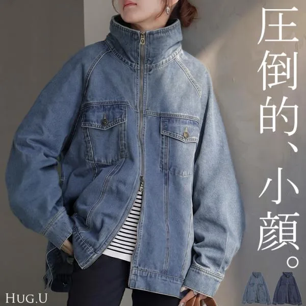 ジャケット デニムジャケット Gジャン レディース デニム アウター ロング 綿 混 2WAY 襟 スタンドカラー ラグラン 長袖 ダブルジップ