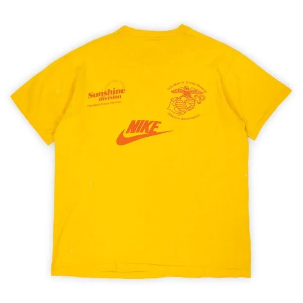 稀少X-LARGE ナイキ NIKE 70s 風車タグ Tシャツ USMC Sunshine Division 染み込み ビンテージ 古着 (-0516) イエロー / 黄色 XL