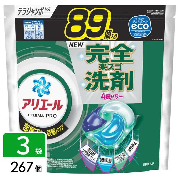 P&G アリエール 洗濯洗剤 ジェルボール プロ 部屋干し×鉄壁バリア部屋干しでもさわやかな香り 詰め替え テラジャンボ 267個(89個×3袋) 4987176284914