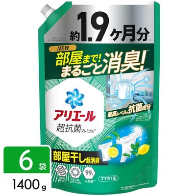 【ケース販売】アリエール 洗濯洗剤 液体 超抗菌プレミアム 部屋干し超消臭 天日干し級にさわやかな香り 詰め替え ウルトラジャンボ 1400g×6袋 4987176309211