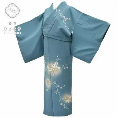 リサイクル着物 付下げ訪問着 中古 正絹 仕立て上がり 袷 青系 花文様 rr1178b