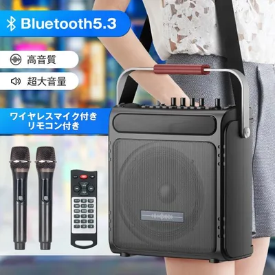スピーカーセット 拡声器 充電式 TFカード/USB/AUX/スマホ対応 Bluetooth 5.3 FMラジオ 録音再生 マイク2本付き イベント カラオケ 日本語対応