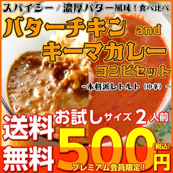 カレー キーマ&バターチキン レトルトカレー 会員価格500円 ガラムマサラ 濃厚バター 2人前セット お取り寄せ メール便商品 お試しグルメギフト