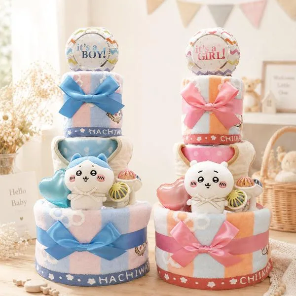 おむつケーキ ちいかわ オムツケーキ 出産祝い 3段 紙おむつ アイテム5点つき 女の子 男の子 おもちゃ付き ハロウィン