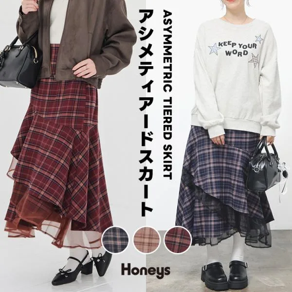 ボトムス スカート ロングスカート ロング丈 大きいサイズ ティアードスカート アシメ チェック柄 レディース Honeys ハニーズ アシメティアードスカート